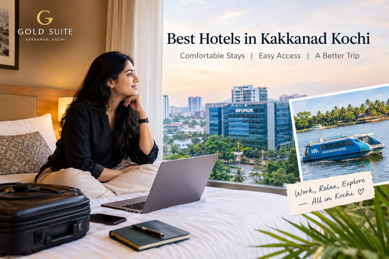 Featured image of a comfortable hotel stay in Kakkanad, Kochi, near Infopark, with a traveller relaxing in a hotel room overlooking the city.
